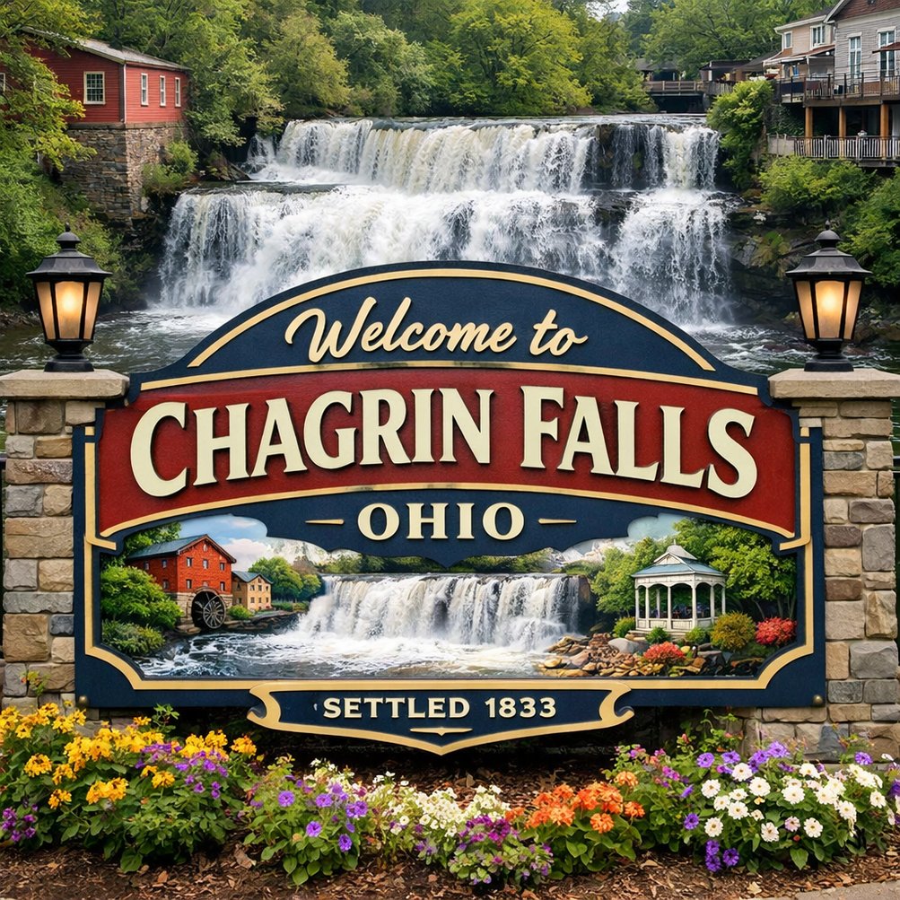 Chagrin Falls Ohio Sign with Waterfall-3