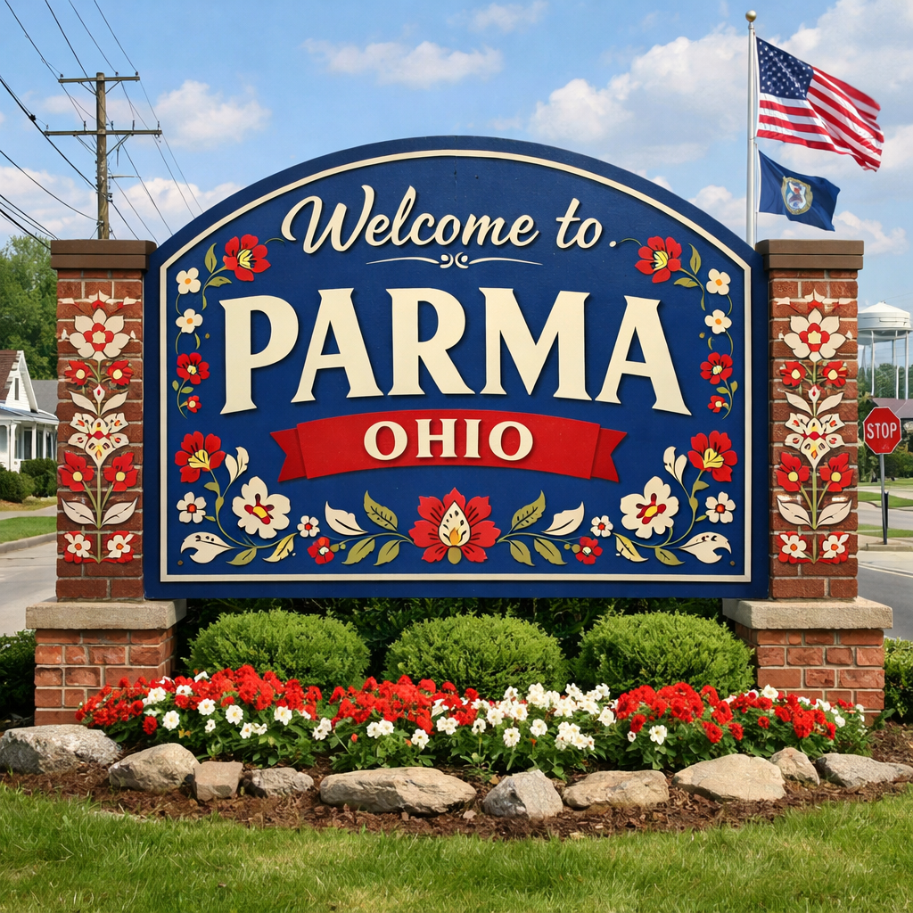 Welcome to Parma Ohio Sign with Eastern European Folk Art Pattern