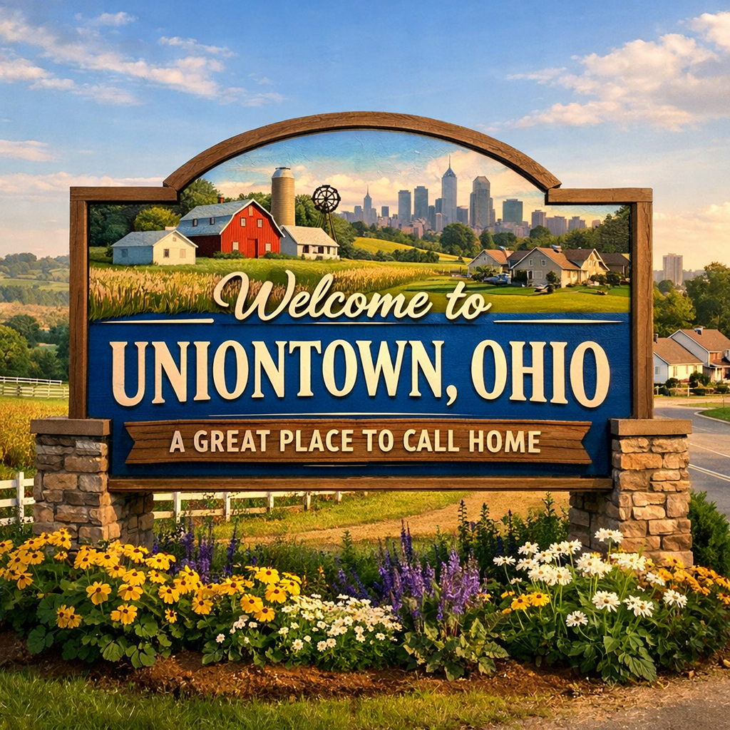 Welcome to Uniontown Ohio Sign Over Farmland Suburbs Cityscape-1