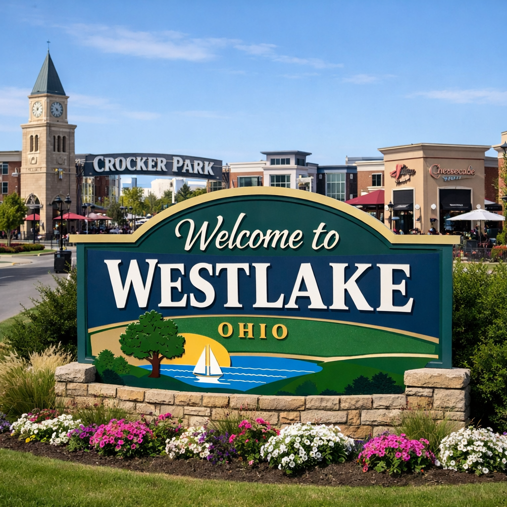 Welcome to Westlake Ohio sign with Crocker Park smaller  in the background-1